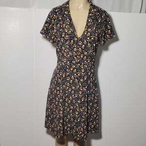 Modcloth Dress A Line Retro Floral Short Sleeve V Neck Black Green Size 6